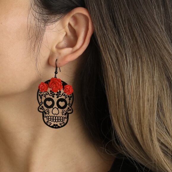 Red Roses Skull Head Drop Earrings - Picture 2 of 5